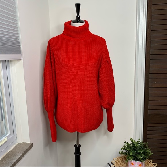 Topshop | Red Knit Turtleneck Sweater with Statement Sleeves